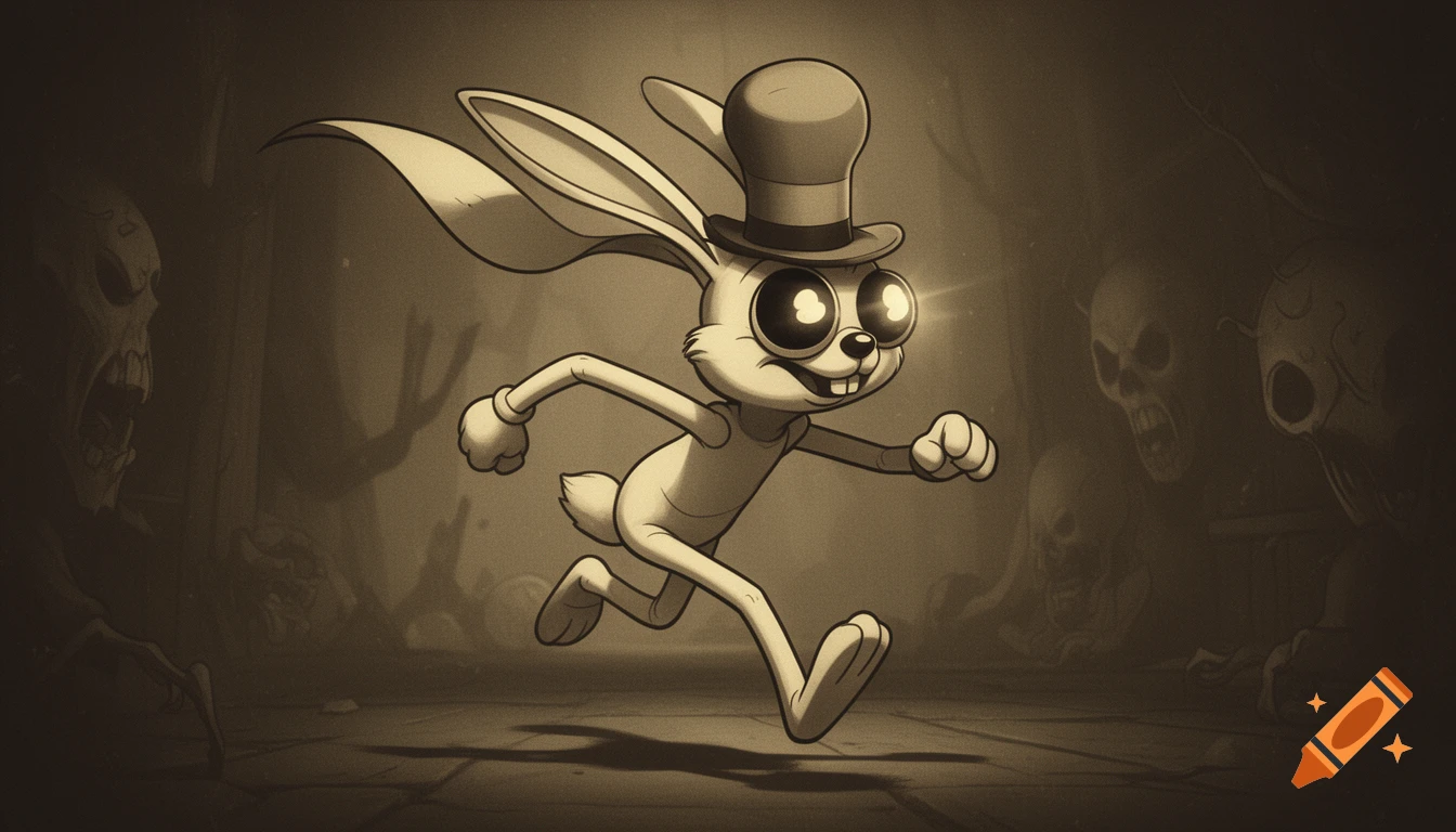 A white rubber hose cartoon rabbit in a top hat runs forward with glowing eyes, against a dark background with shadowy skulls.