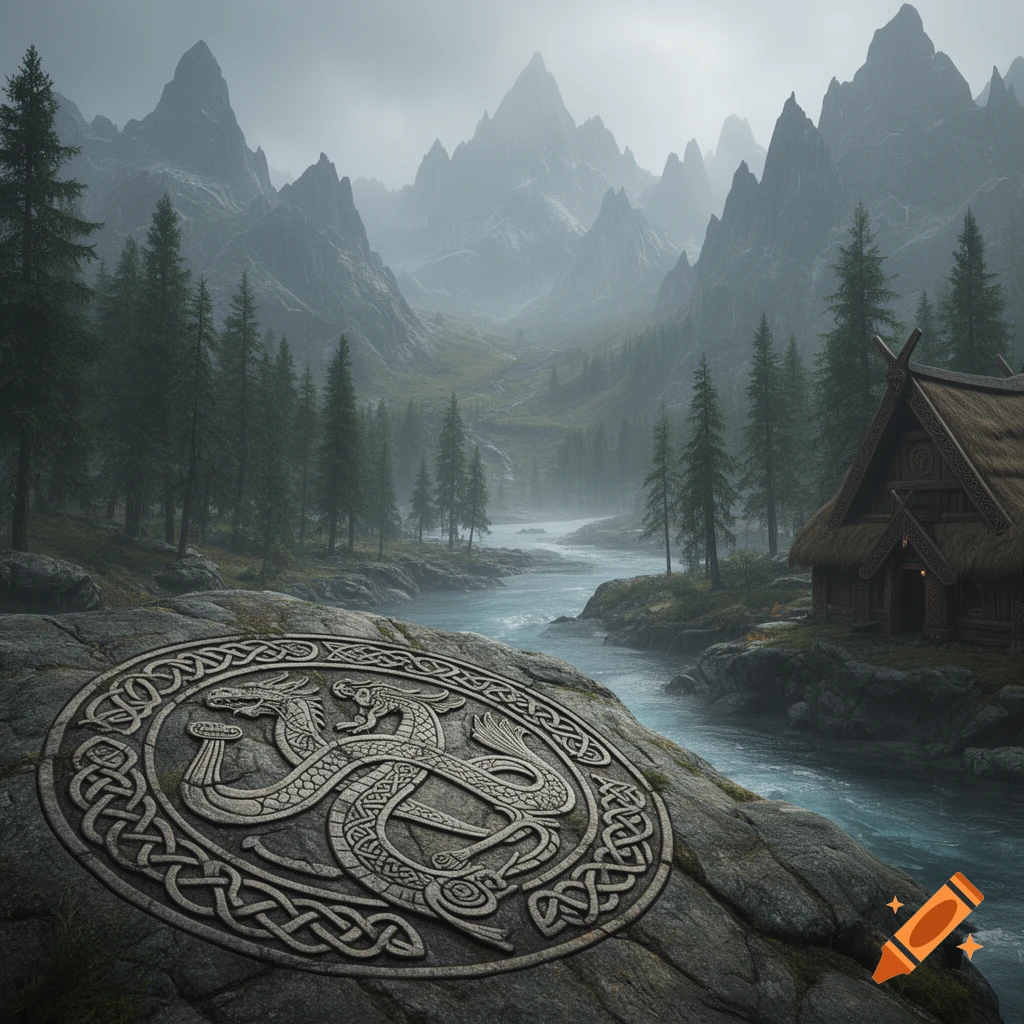 A majestic Nordic landscape with misty mountains, a flowing river, a small hut, and a large Viking knotwork design carved into a rock in the foreground.