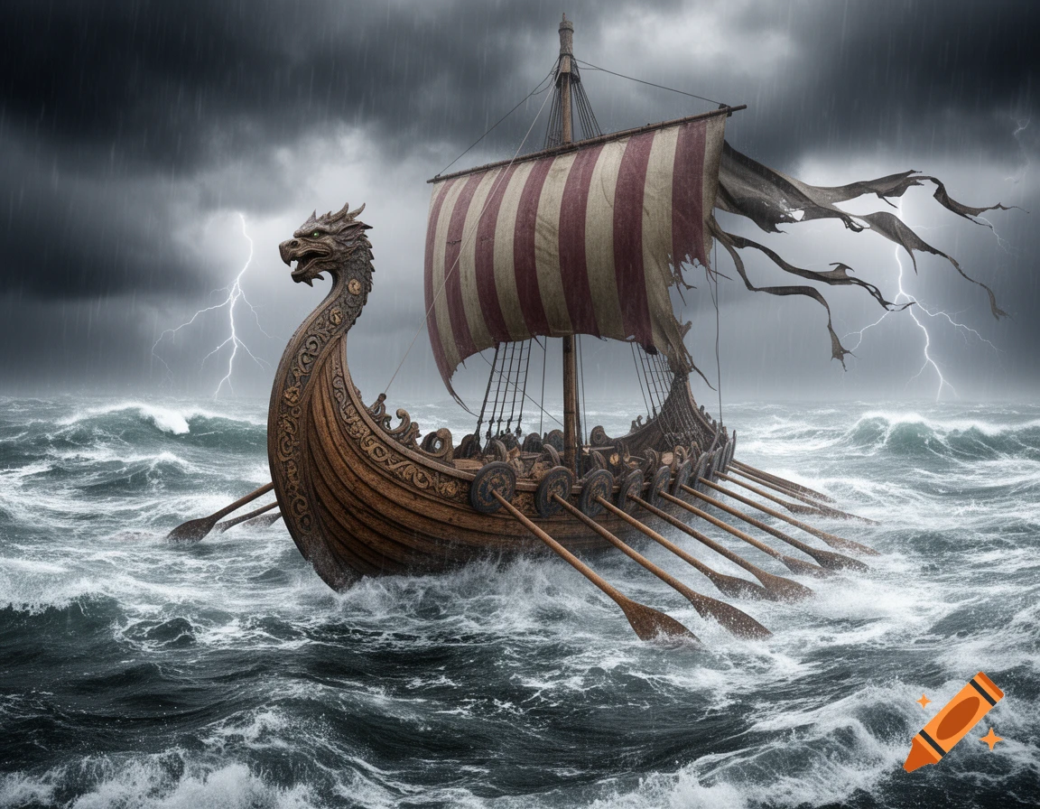 A wooden Viking longship with a striped, tattered sail battles huge waves and lightning in a dark, stormy sea.