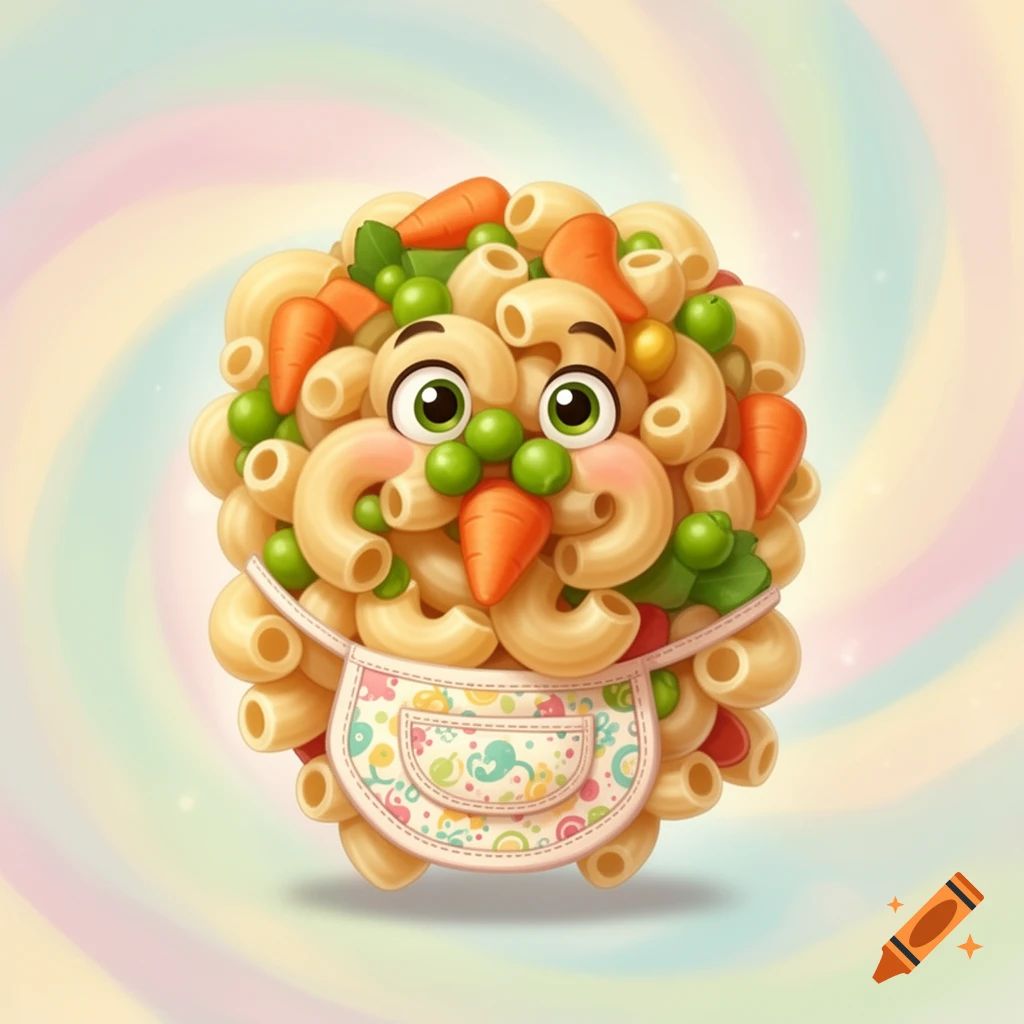 A cute, cartoon macaroni salad character with peas for eyes and carrot pieces for a nose, wearing a patterned bib, on a swirled pastel background.