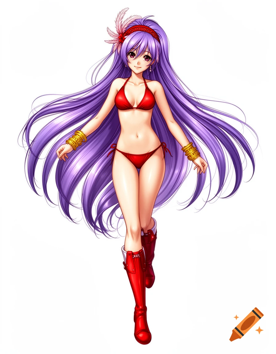 Anime girl with long purple hair in a red bikini, red boots, and gold bracelets, on a white background.
