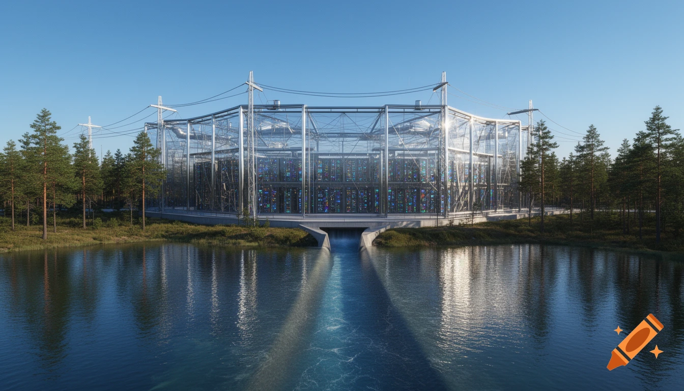 Photorealistic image of a futuristic glass AI data center next to a clear lake surrounded by pine trees, with power lines.