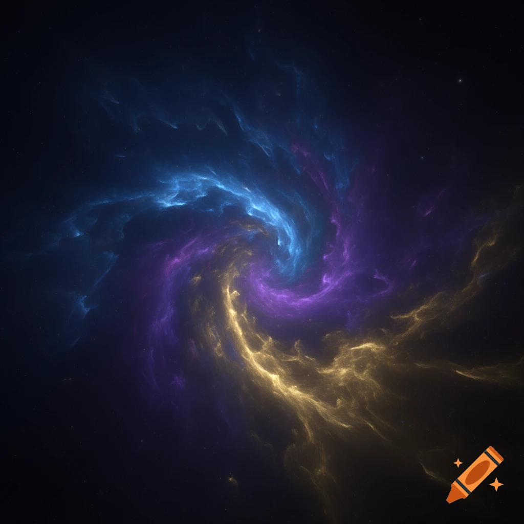 A vibrant cosmic nebula swirls with blue, purple, and golden gas against a dark, star-filled space.