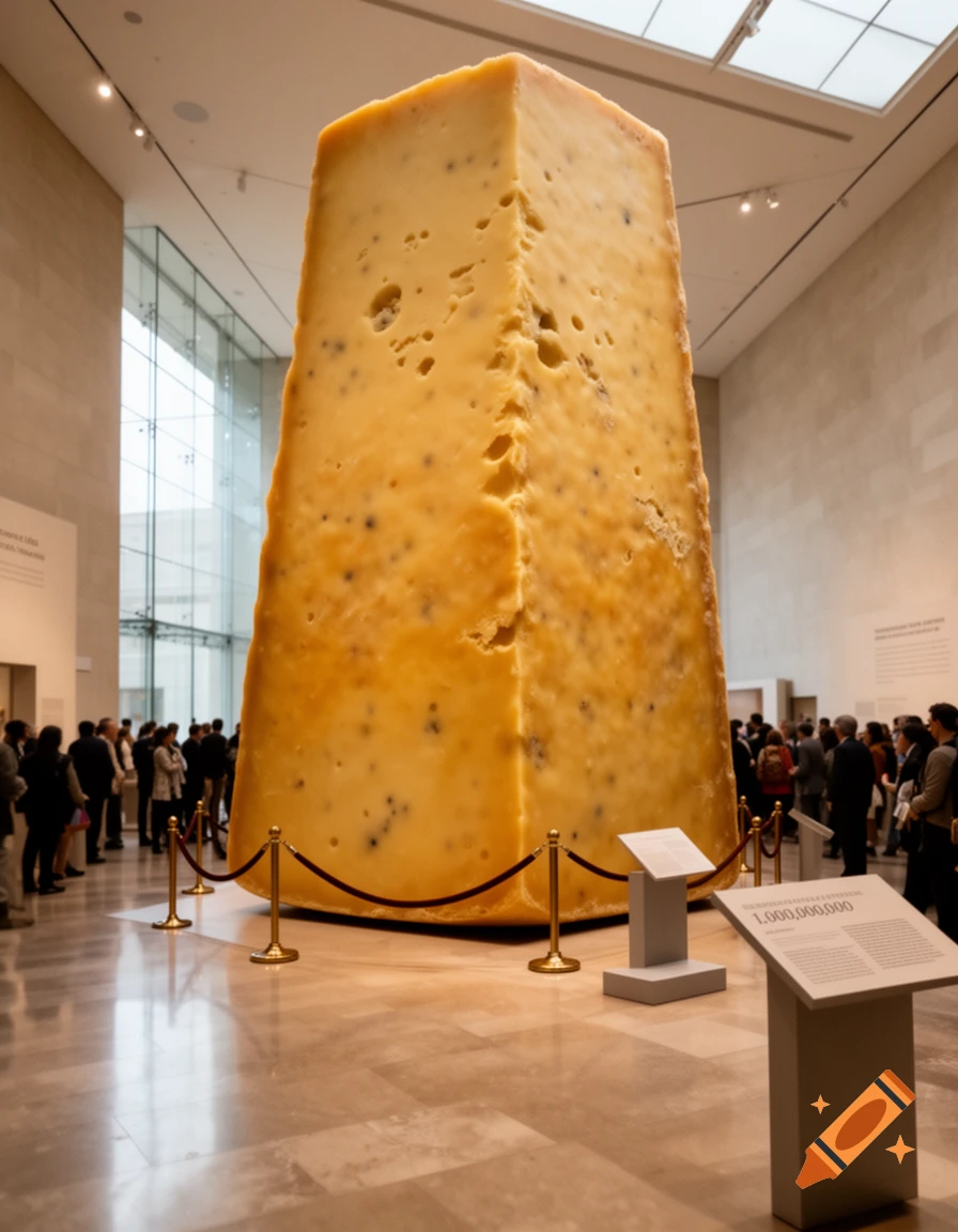 A massive, towering block of cheese is displayed as an exhibit in a brightly lit museum, surrounded by visitors.