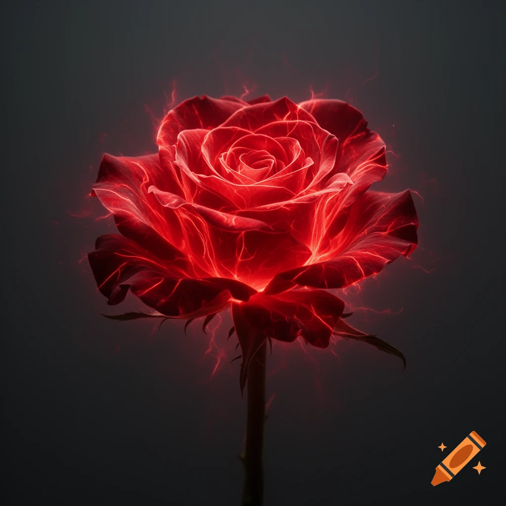 A vibrant red rose made of glowing electricity against a dark background, showcasing intricate, fiery patterns.