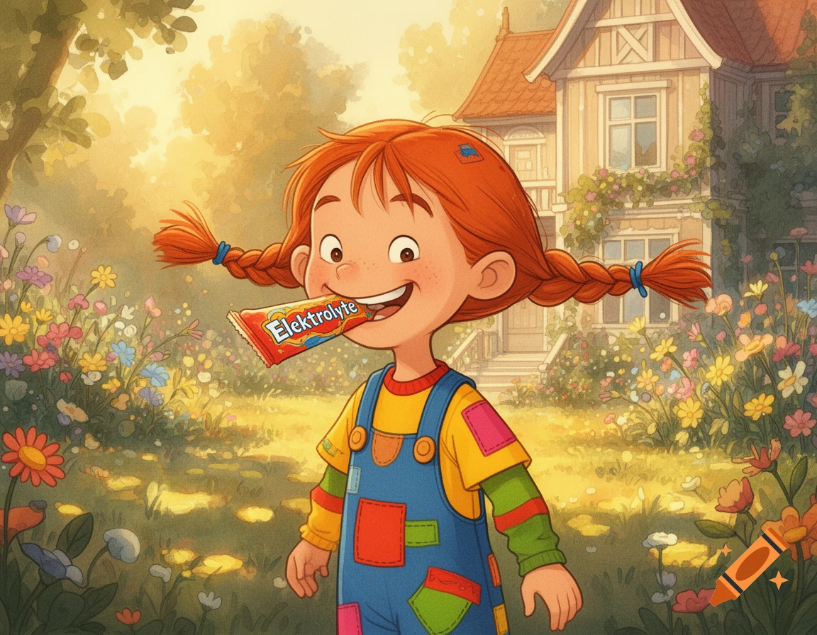 A cartoon Pippi Longstocking stands in a vibrant garden, smiling with an 'Elektrolyte' package in her mouth.