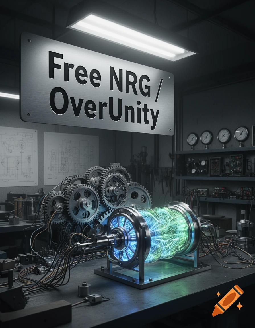 A photorealistic science workshop with a glowing blue and green energy device, gears, wires, and a sign 'Free NRG / OverUnity'.