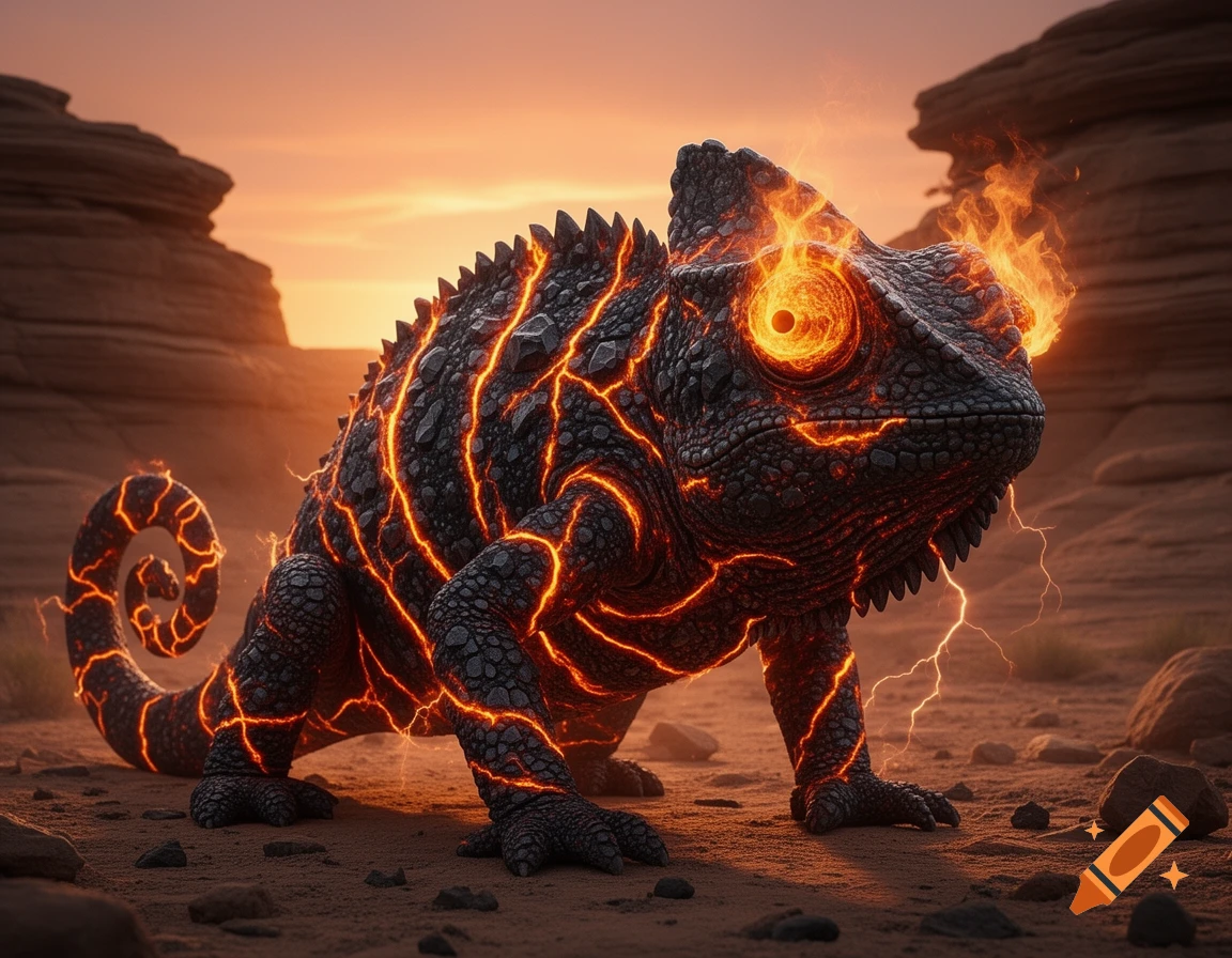 A chameleon-like creature made of dark rock with glowing orange lava cracks and fiery eyes stands in a desert at sunset.
