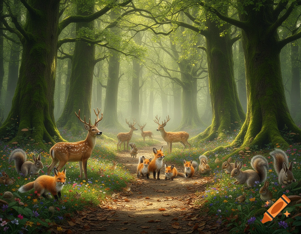 Various forest animals including deer, foxes, squirrels, and rabbits in a lush, misty, sun-dappled green forest with wildflowers.