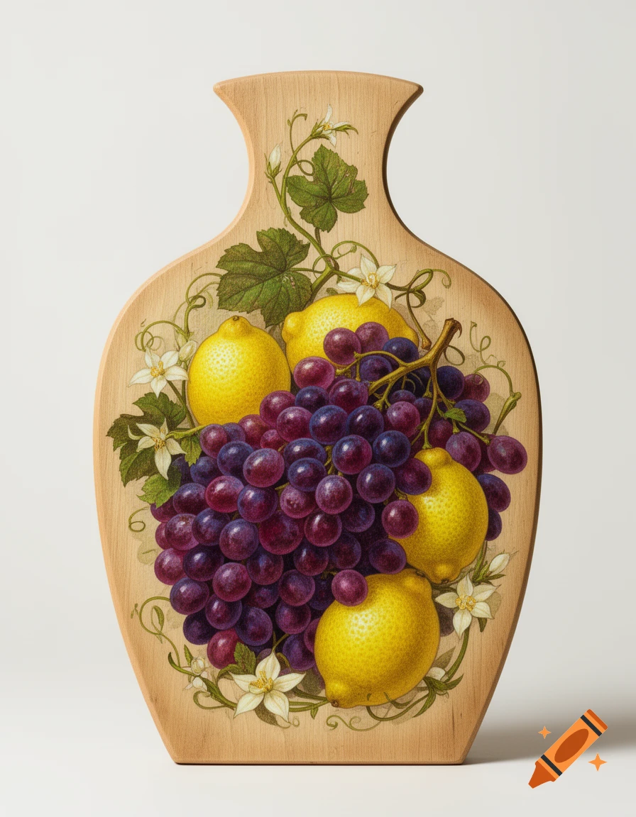 A wooden vase-shaped plaque featuring a painted still life of purple grapes and yellow lemons with green leaves and white flowers.