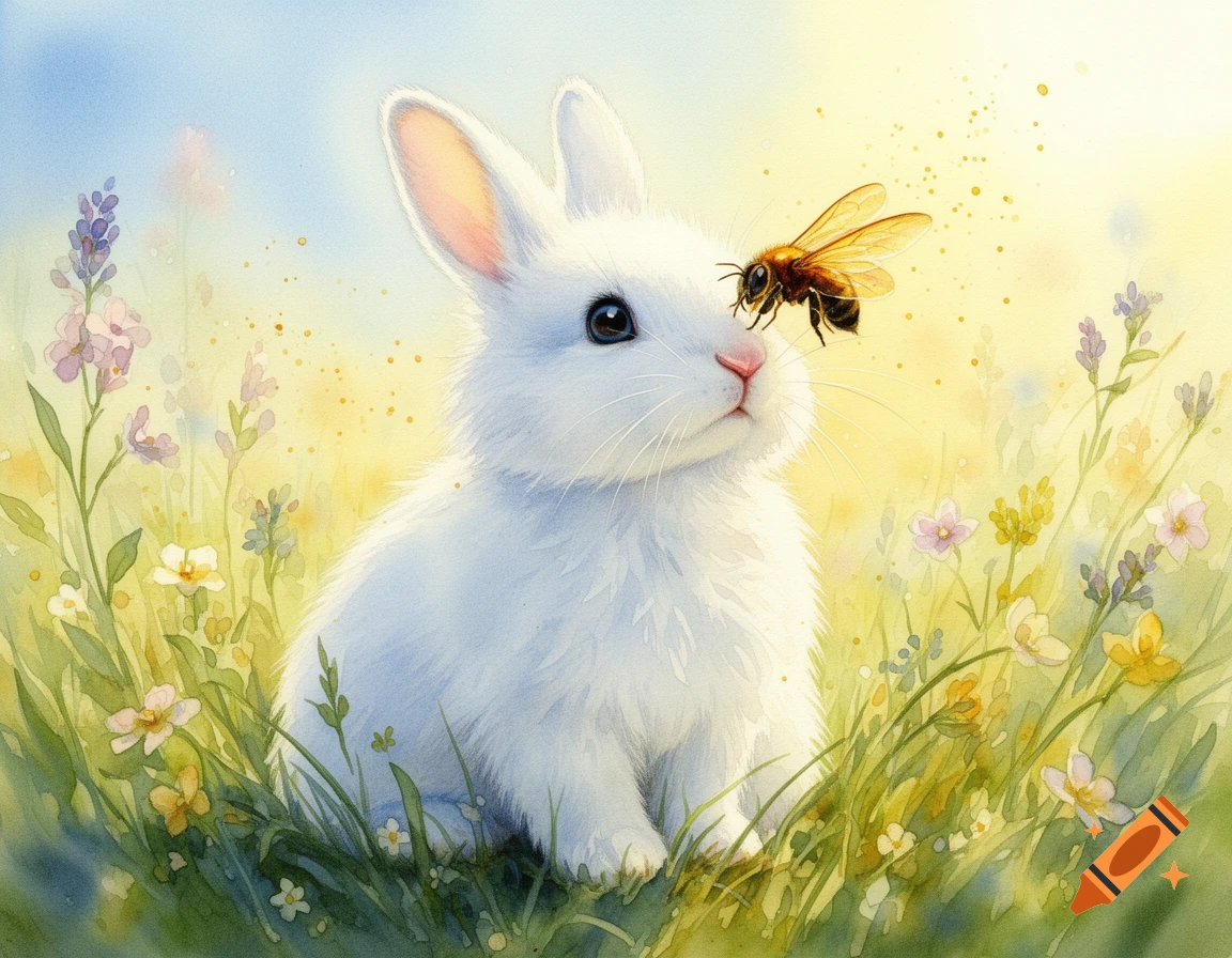 A fluffy white bunny sits in a field of wildflowers with a bee on its nose, in a watercolor style.