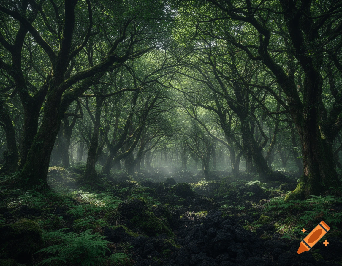 Sunlight filters through the dense canopy of a dark, moss-covered forest with a misty floor.