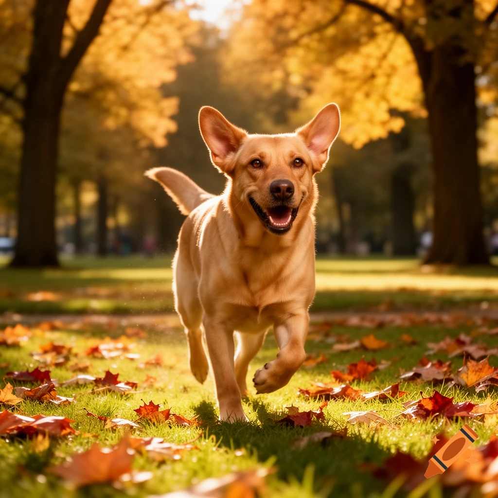 A happy golden-colored dog runs through a sunlit park covered in fallen autumn leaves.