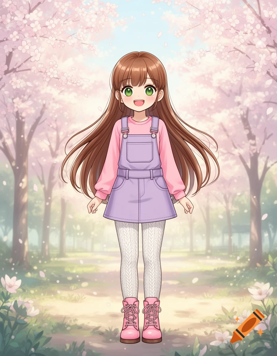 An adorable anime girl with long brown hair and green eyes, wearing a pink shirt, purple overalls skirt, white tights, and pink boots, stands smiling in a cherry blossom park.