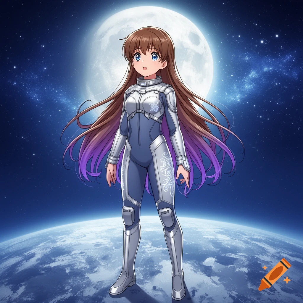 An anime girl with brown hair and purple highlights, wearing a silver and blue spacesuit, stands above a planet with a large moon and stars in the background.