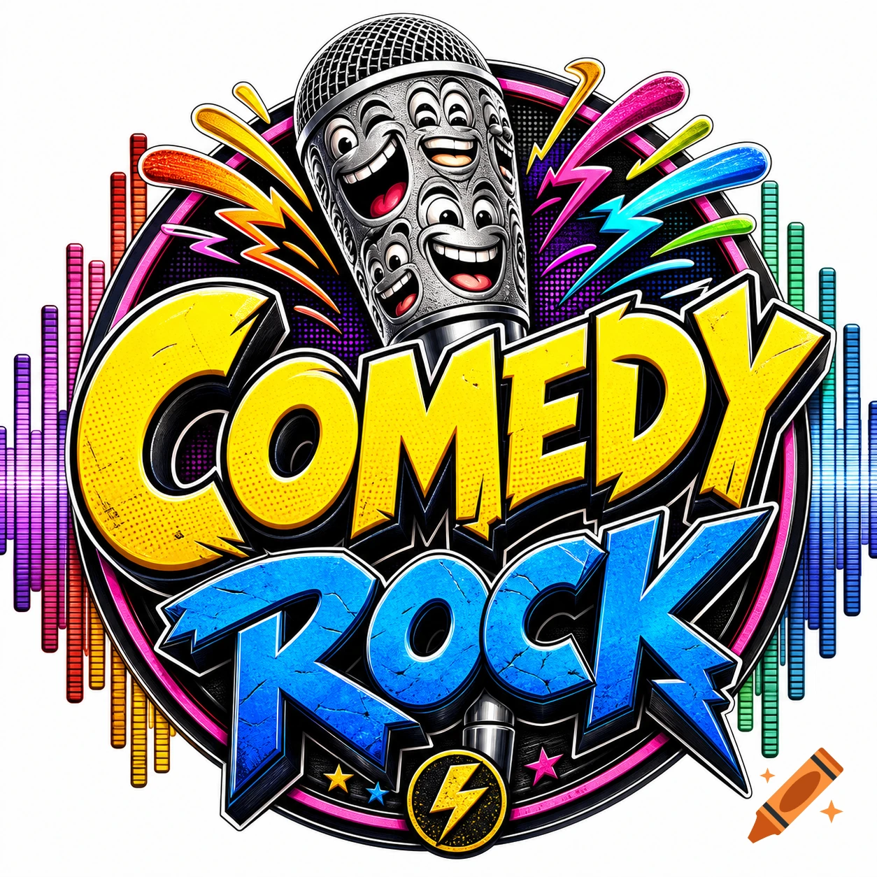 Vibrant 'Comedy Rock' logo with a microphone covered in laughing faces, colorful sound bars, yellow and blue text, and a lightning bolt.