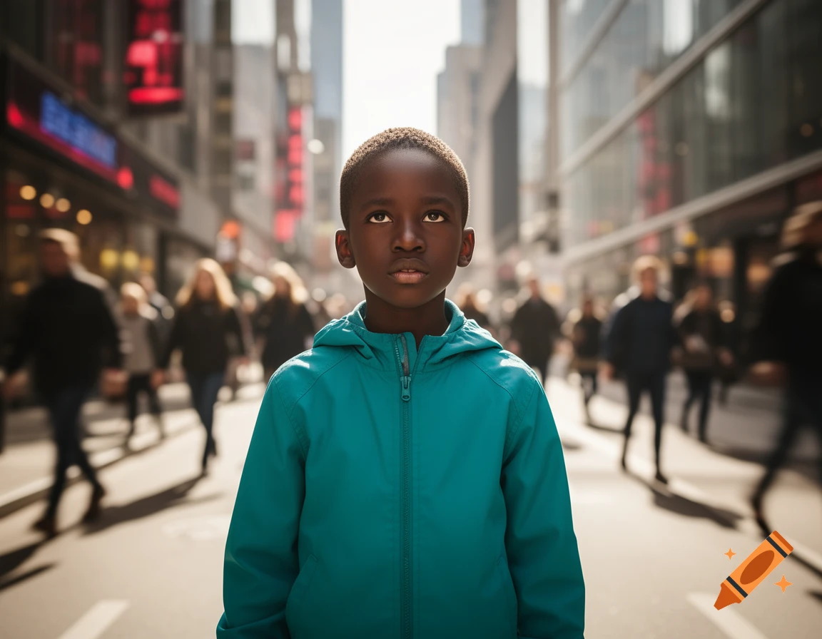 A young Black boy in a teal jacket stands in the middle of a busy city street, looking up with a serious expression. Photorealistic style.