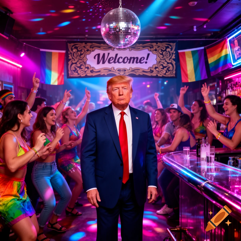 Donald Trump stands in a vibrant, neon-lit gay bar with a disco ball and rainbow flags, surrounded by dancing people.