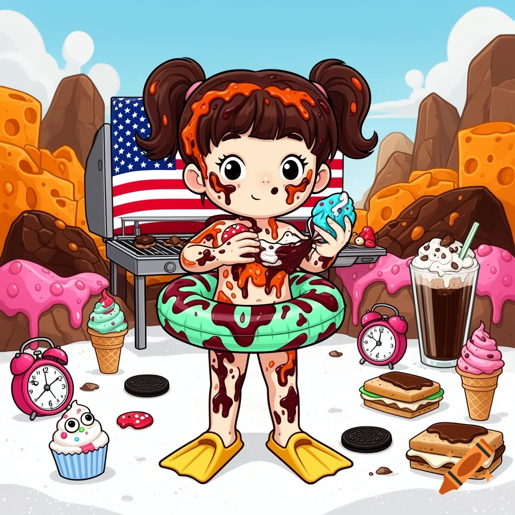Cartoon girl covered in chocolate sauce and colorful drizzles, wearing a swim ring and flippers, standing on a white candy beach surrounded by dessert foods and an American flag.