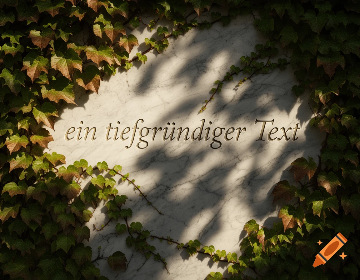 Text "ein tiefgründiger Text" carved into white marble, framed by green and brown ivy with dappled shadows.