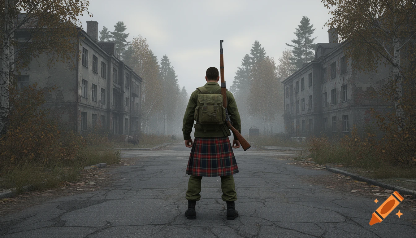 Photorealistic image of a man in a kilt and military gear with a rifle on his back, standing in a foggy, abandoned street.