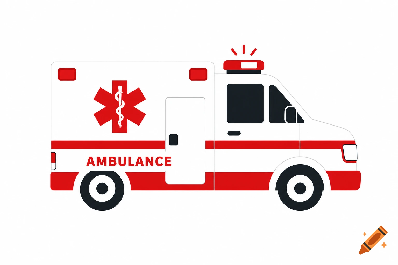 Minimalist flat design icon of a white and red ambulance with a medical symbol and 'AMBULANCE' text on a white background.