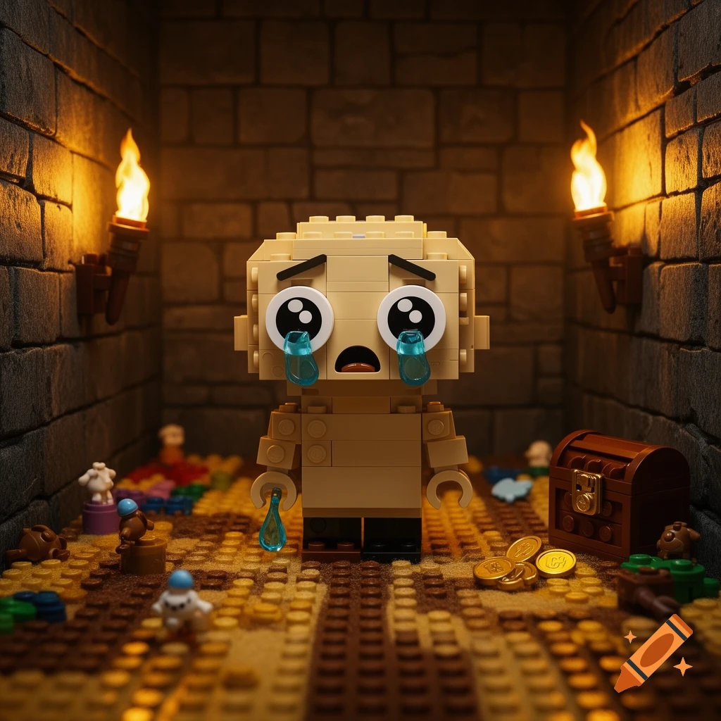 A crying Lego figure, resembling Isaac from The Binding of Isaac, in a torch-lit Lego dungeon with coins.