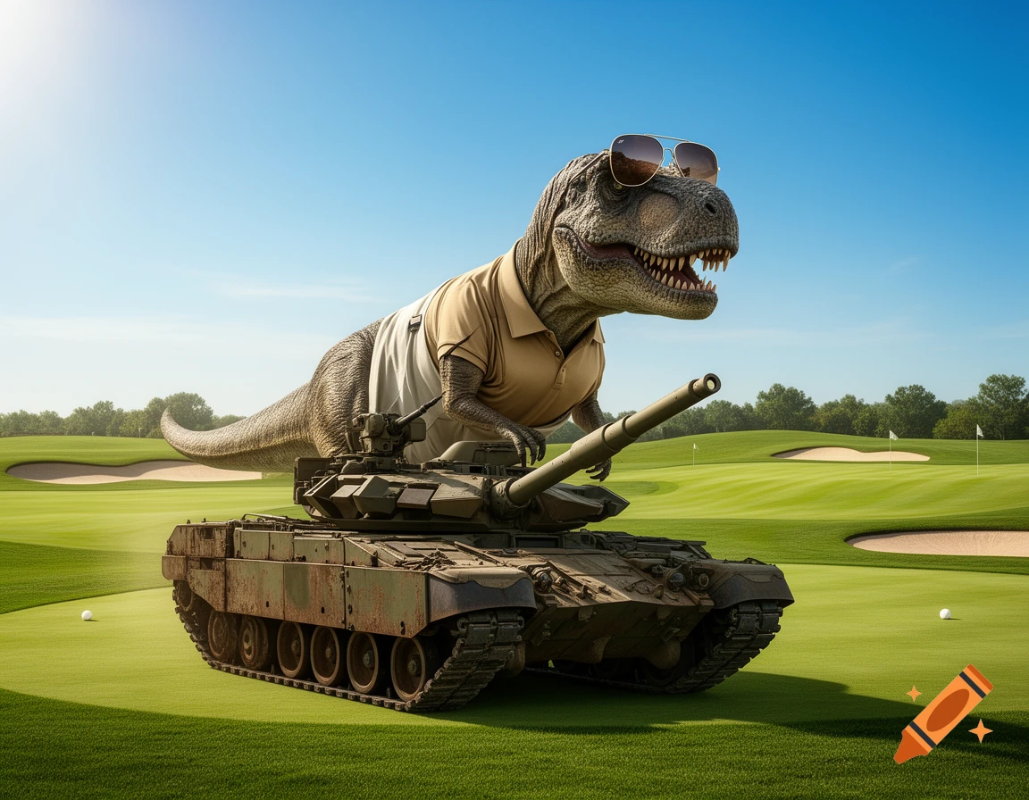 A T-Rex in sunglasses and a polo shirt rides a military tank across a bright green golf course.