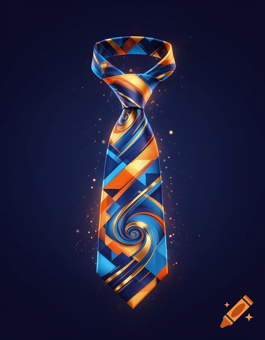 A stylized necktie with a vibrant abstract geometric pattern in blue, orange, and gold, against a dark blue background with sparkling lights.