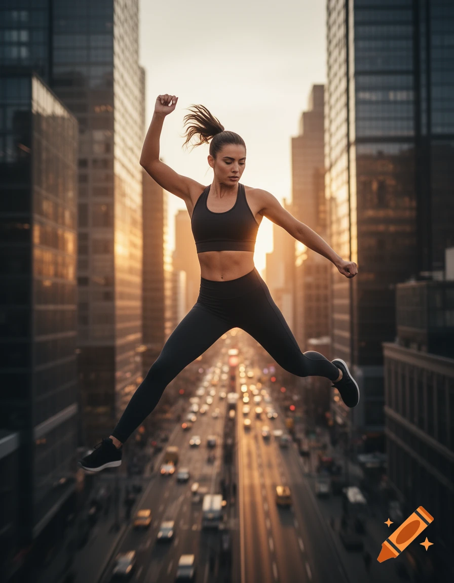A fit woman in a sports bra and leggings leaps mid-air above a bustling city street at sunset, flanked by skyscrapers.