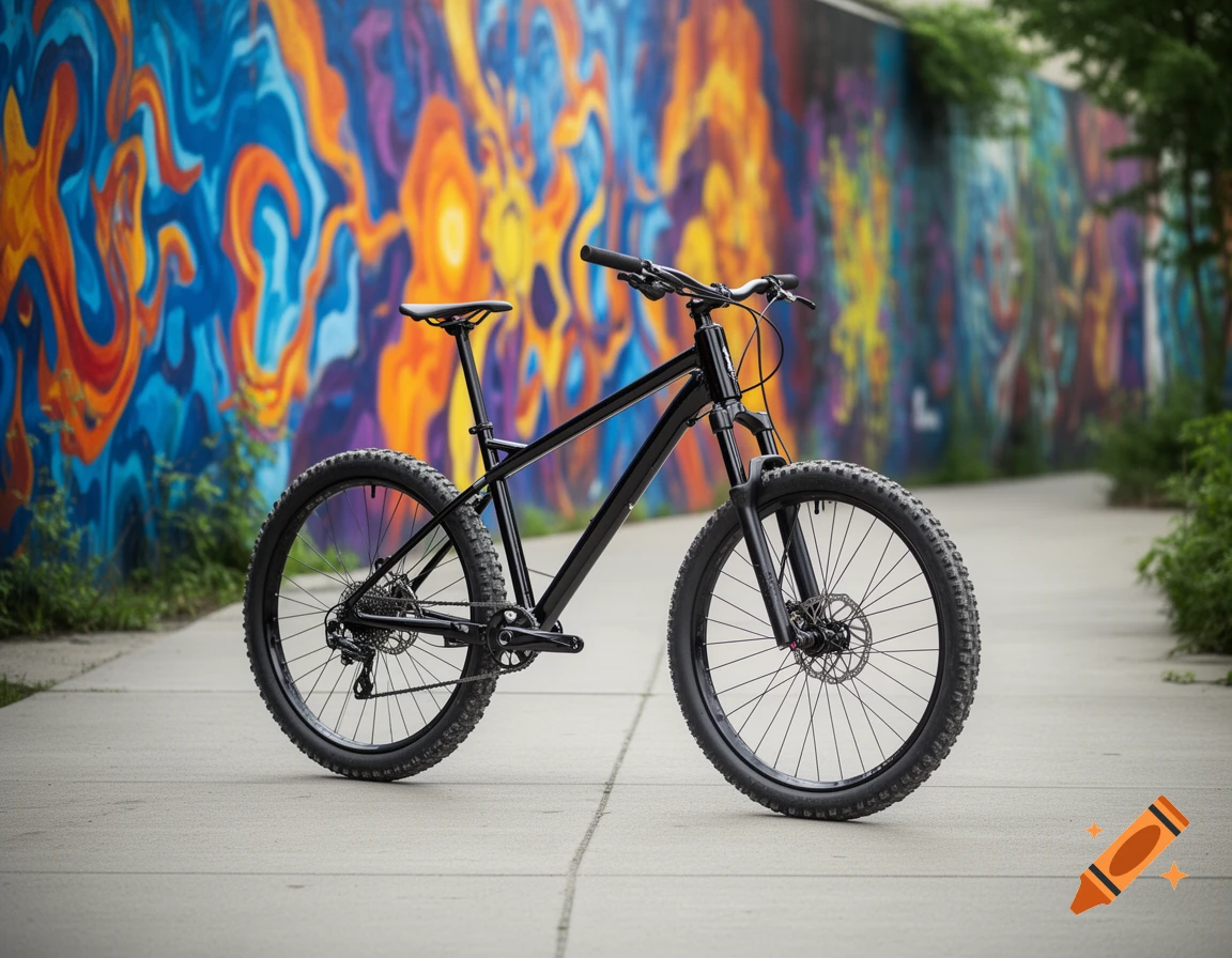 A black trial bike stands on a concrete sidewalk in front of a vibrant, colorful mural.