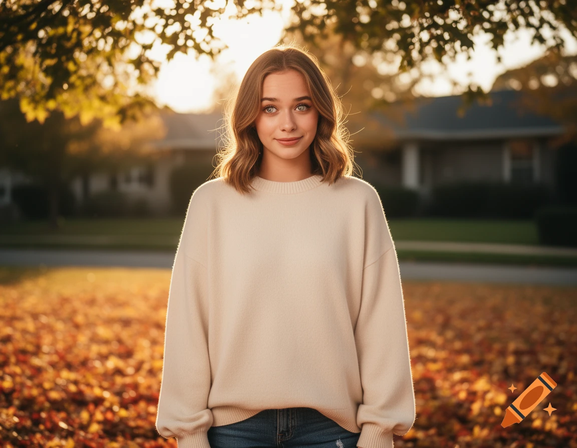 Photorealistic portrait of a young woman with light brown hair, wearing a beige sweater and jeans, standing outdoors amidst fall foliage with warm sunlight.