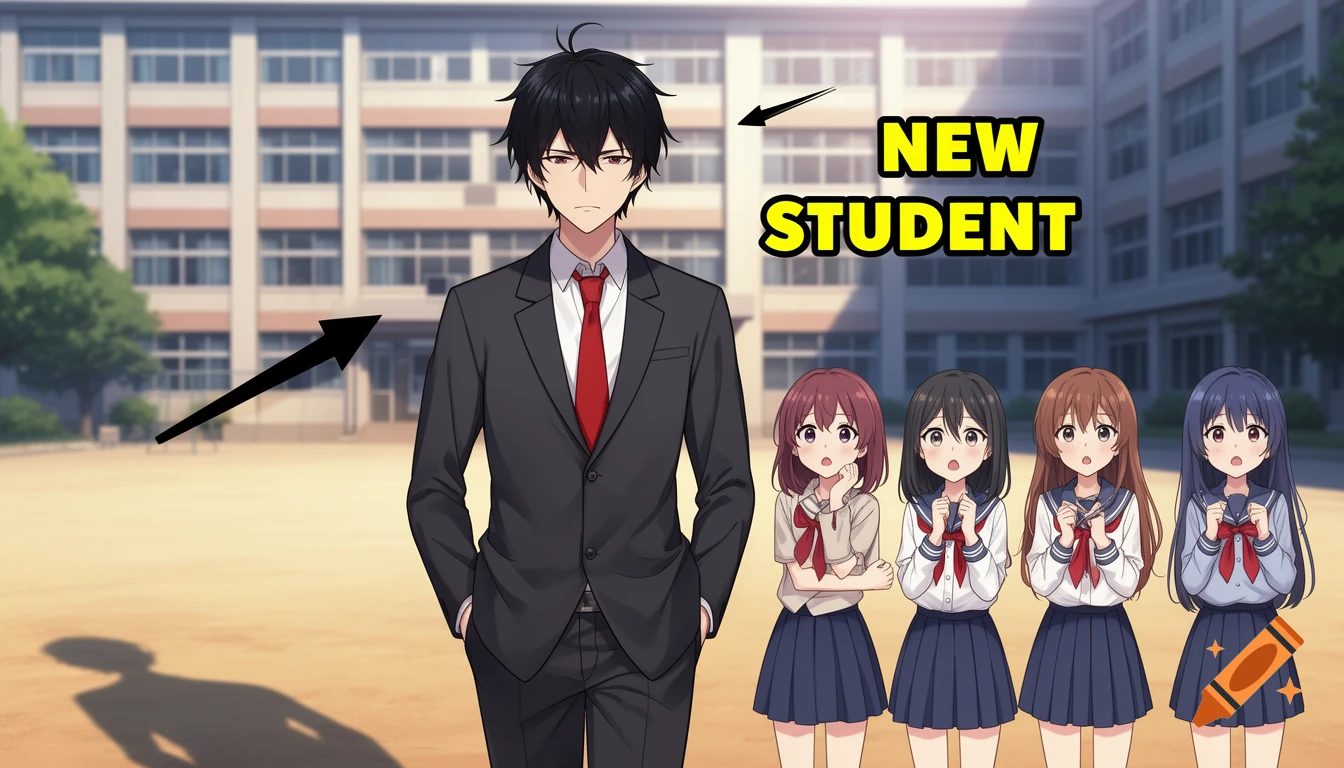 Anime male student in a suit stands in a school courtyard as four schoolgirls look surprised, with 'NEW STUDENT' text.