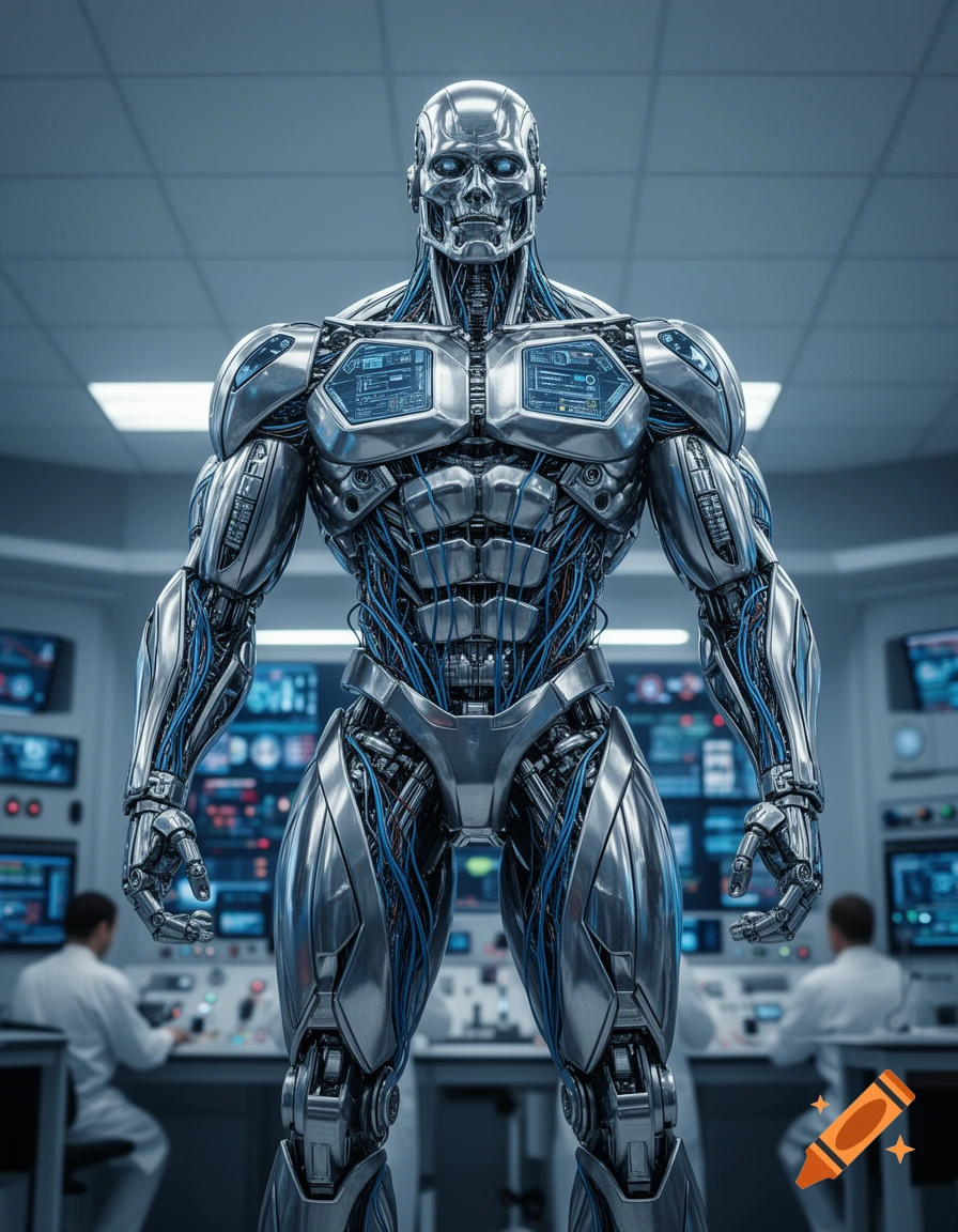 A detailed, buff silver and blue robot stands prominently in a futuristic control room with scientists in the blurred background.
