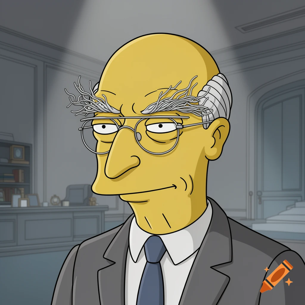Mr. Burns from The Simpsons cartoon, wearing glasses, with unusual branch-like hair on his forehead.