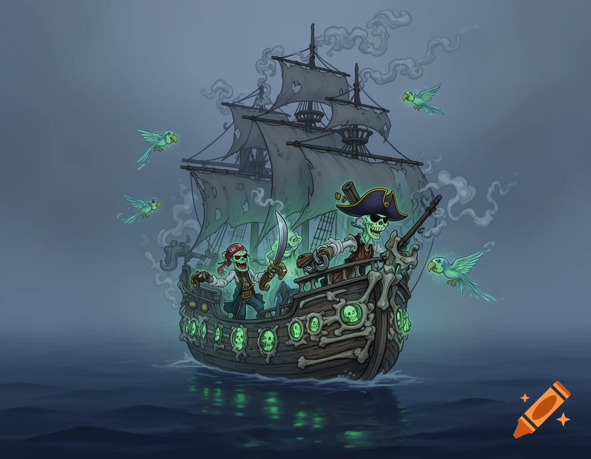 A cartoon ghost pirate ship sails on a dark sea, crewed by glowing skeleton pirates and accompanied by glowing parrot-like birds.
