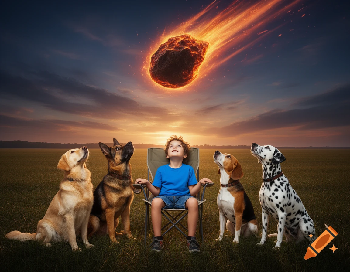A boy and four different dog breeds sit in a field at sunset, looking up at a fiery asteroid falling from the sky.