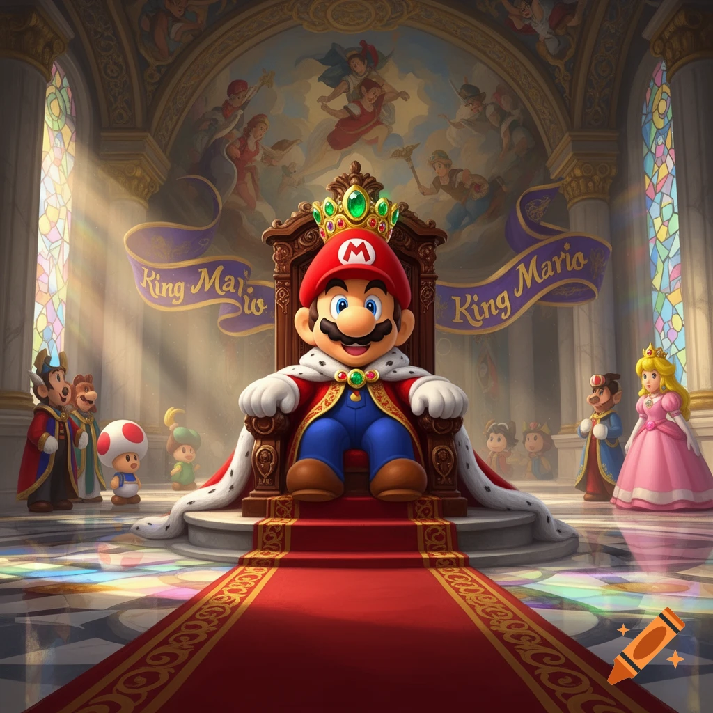 King Mario on a lavish throne in a grand hall with stained glass and other characters like Princess Peach and Luigi.