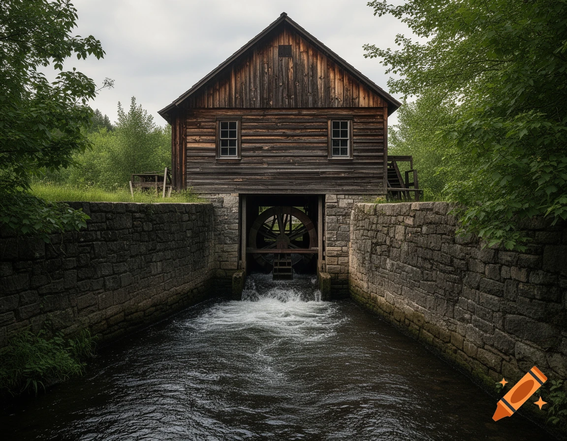A photorealistic image of an old wooden mill with a waterwheel and a stream flowing between stone walls, surrounded by green trees.