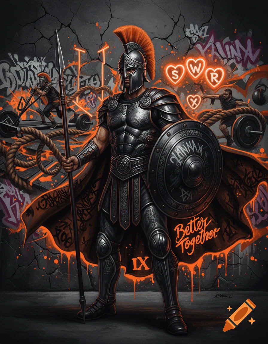 A powerful Spartan king in black armor and a flowing cape holds a spear and shield, set against a dark graffiti mural with neon orange accents and fitness equipment in the background.