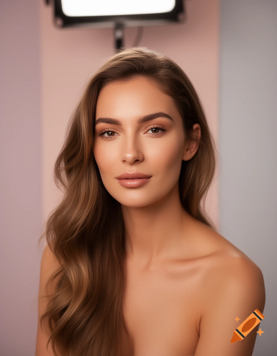 Photorealistic portrait of a woman with long wavy brown hair and bare shoulders, looking directly forward, with soft lighting.