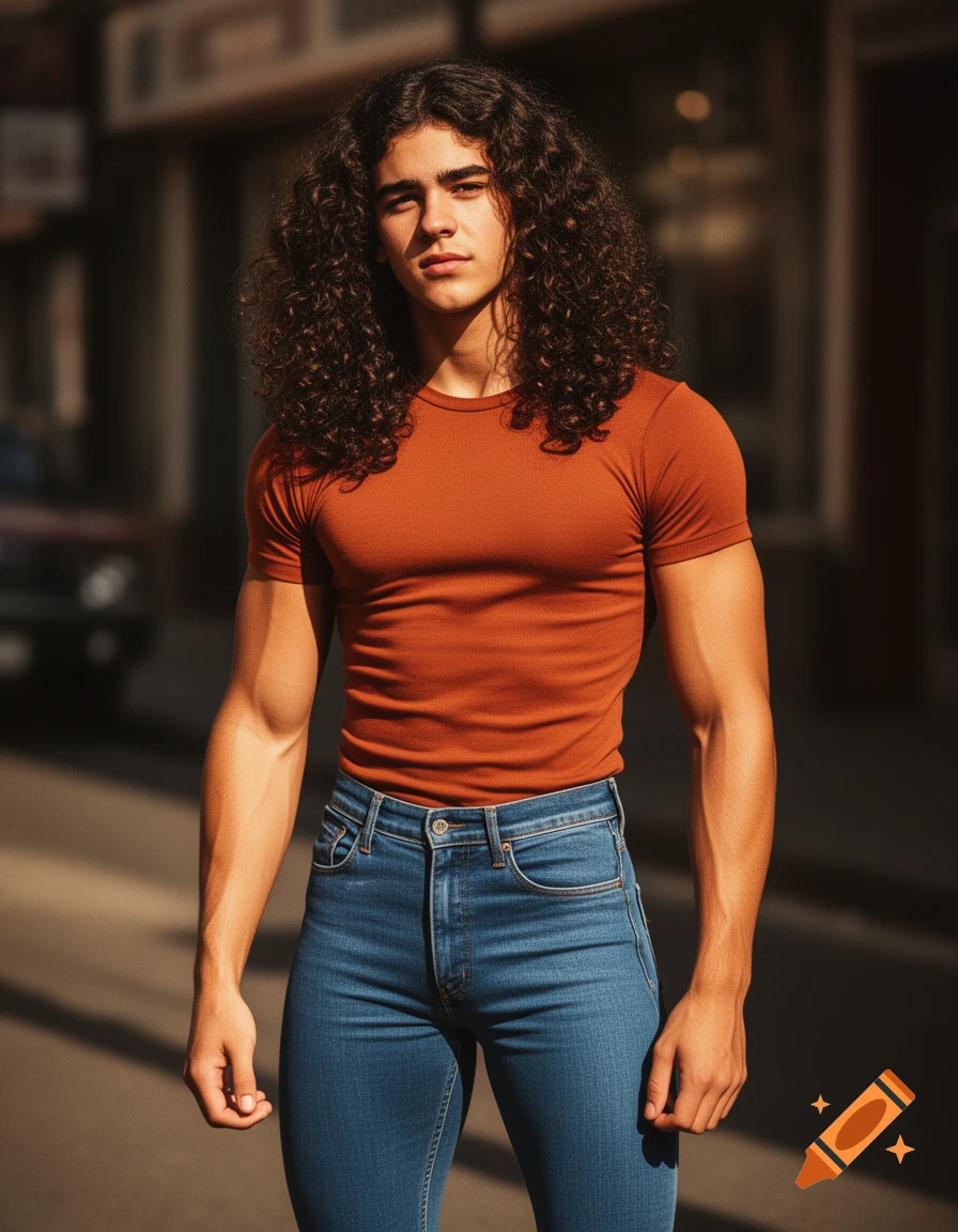 A young man with long curly dark hair, wearing a tight rusty orange shirt and tight blue jeans, stands outdoors.