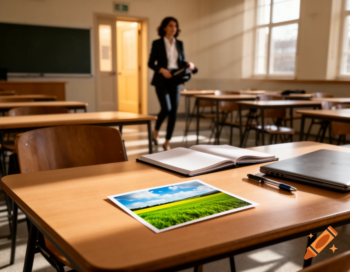 A classroom desk with a photo of a field, a notebook, and a laptop. A woman walks away towards a door in the background.