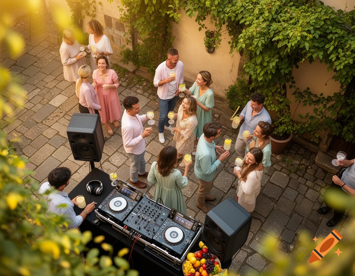Overhead view of people at an outdoor party in a sunlit courtyard, listening to a DJ. Guests hold drinks and converse casually around the DJ booth.