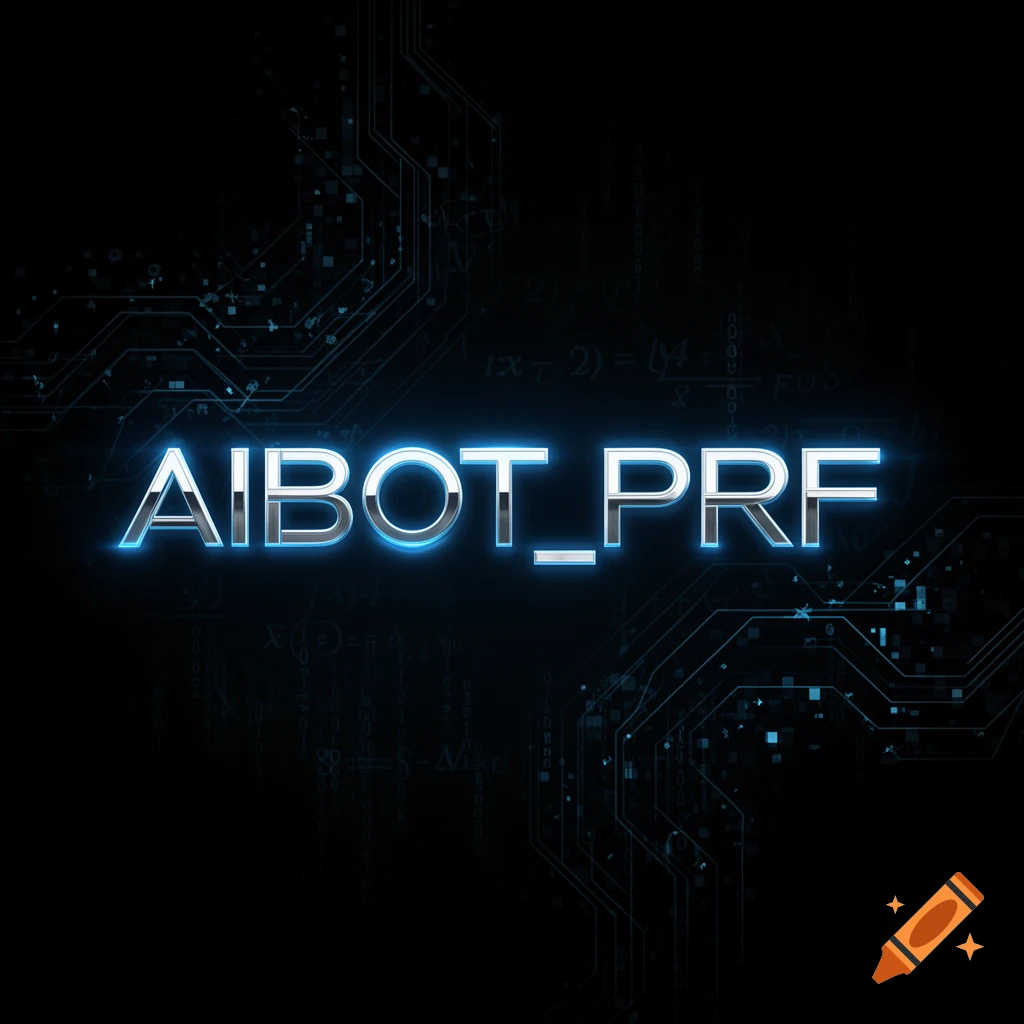 Metallic blue glowing text 'AIBOT_PRF' against a dark background with subtle circuit board patterns and equations, digital art style.