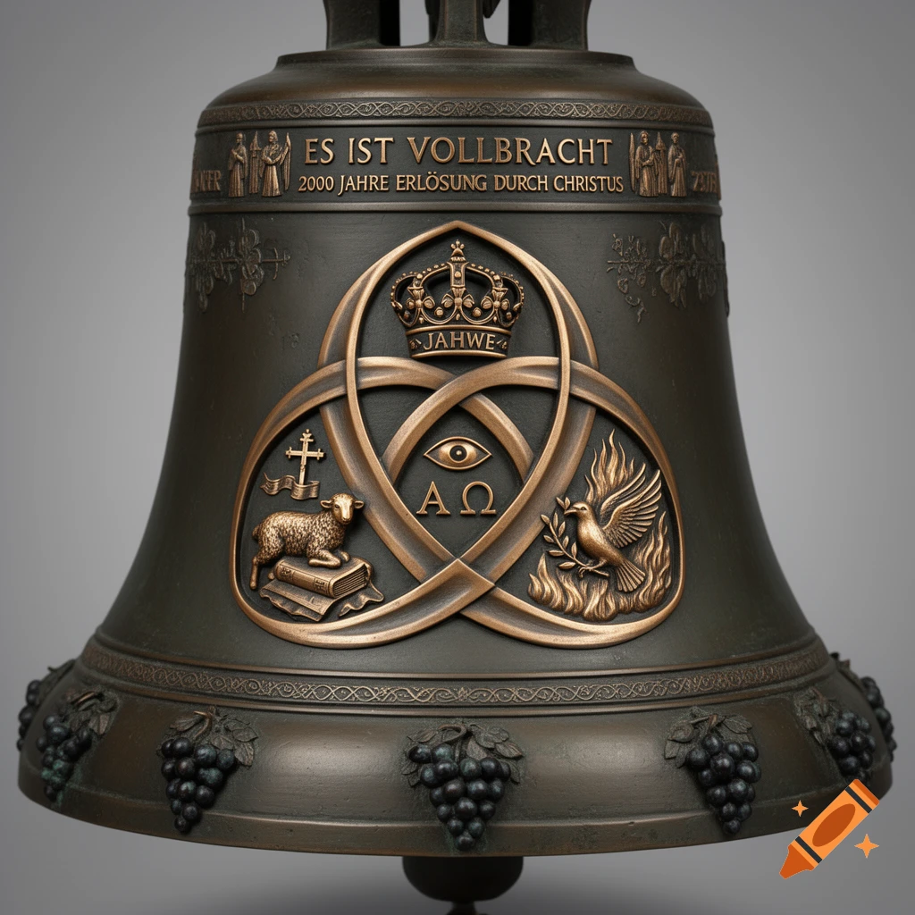 Highly detailed bronze church bell with religious reliefs including the Lamb of God, Holy Spirit, Eye of Providence, and German text.