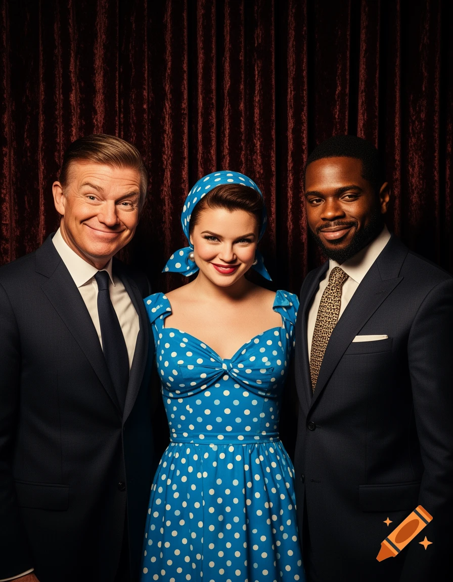 A photorealistic portrait of three smiling people, two men in suits and one woman in a blue polka-dot dress and headscarf, against a red curtain background.