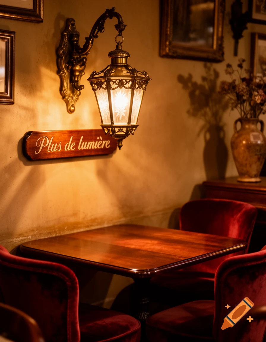 A dimly lit vintage cafe interior with a wooden table, red velvet chairs, and an ornate, glowing wall lamp above a 'Plus de lumi re' sign.