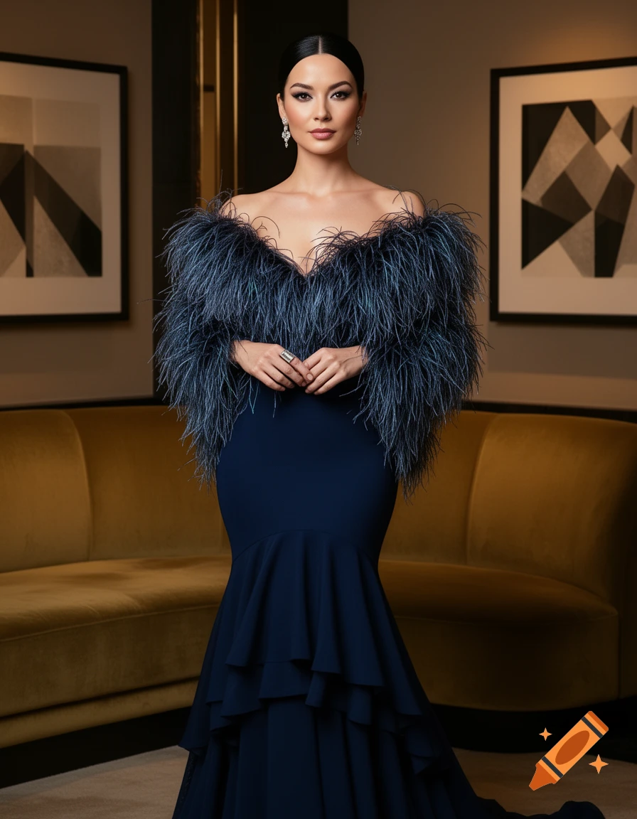 An elegant woman in a dark blue off-the-shoulder mermaid dress with a fluffy feather boa, standing in a luxurious room.