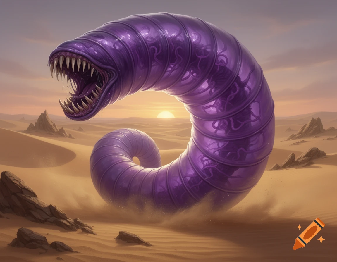 A giant purple worm with sharp teeth emerges from the sand dunes in a desert landscape at sunset, in a fantasy art style.